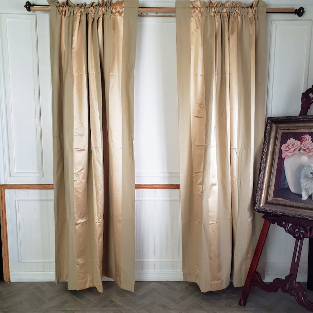 Custom Curtain Panels (2) Green Satin Trimmed 100W x 87L Cotton Lined Tie Backs
